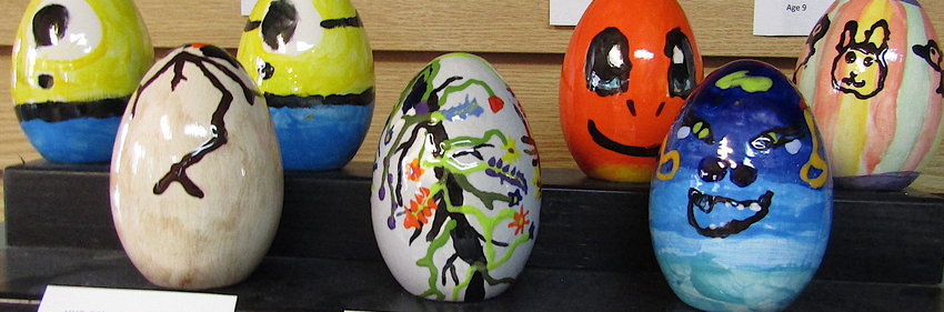 These are eggs decorated by 8-13 year olds in the Art of the Egg contest.